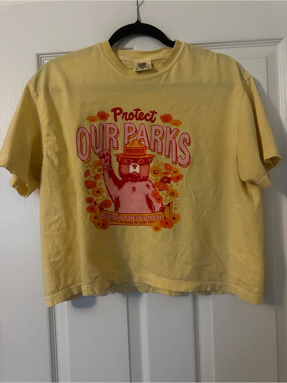 NWOT- Foolery Protect Our Parks Yellow Women’s Graphic Crop Top for Swifties